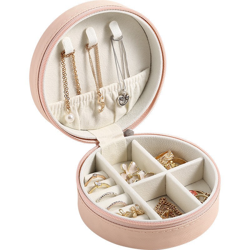 Runde Mini-Schmuckbox, elegante Schmuckschatulle, hochwertige tragbare Aufbewahrungsbox für Ohrringe, Halsketten und Ringe für Reisen - 5