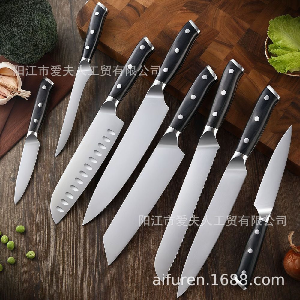 厂家批发跨境厨房厨师刀具套装黑彩木双钢头镜光三德刀西餐刀具