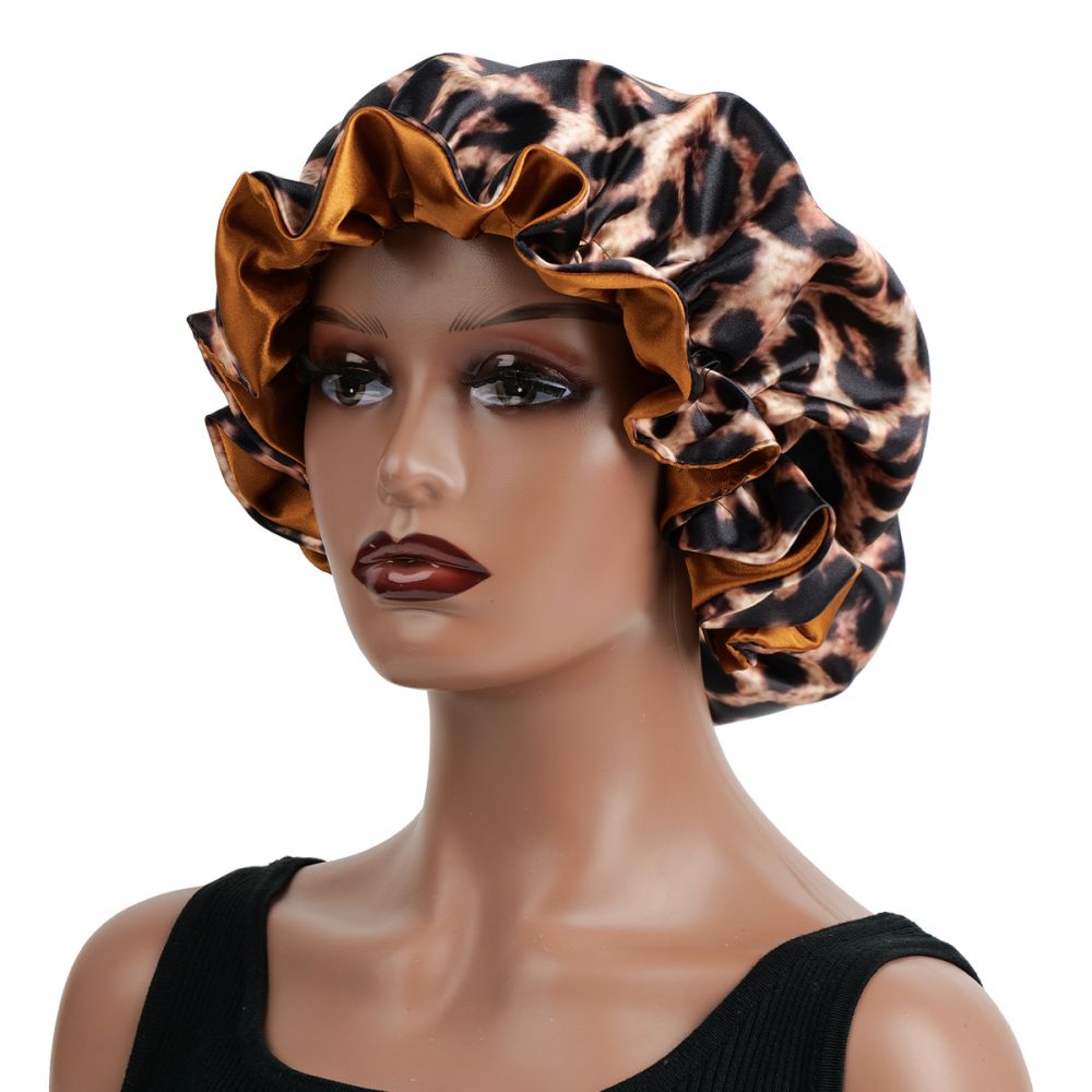 Satin Sleep Cap with Lace Trim, Hair-Care Bonnet, Leopard Print