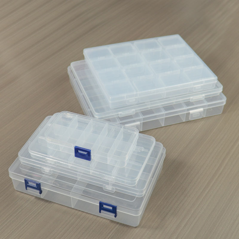 Fächerbox aus Kunststoff für den Schreibtisch mit 10, 15, 24 Fächern, transparent, mit Knöpfen, Angelzubehör, Schmuckzubehör, Kosmetik-Verpackungsbox