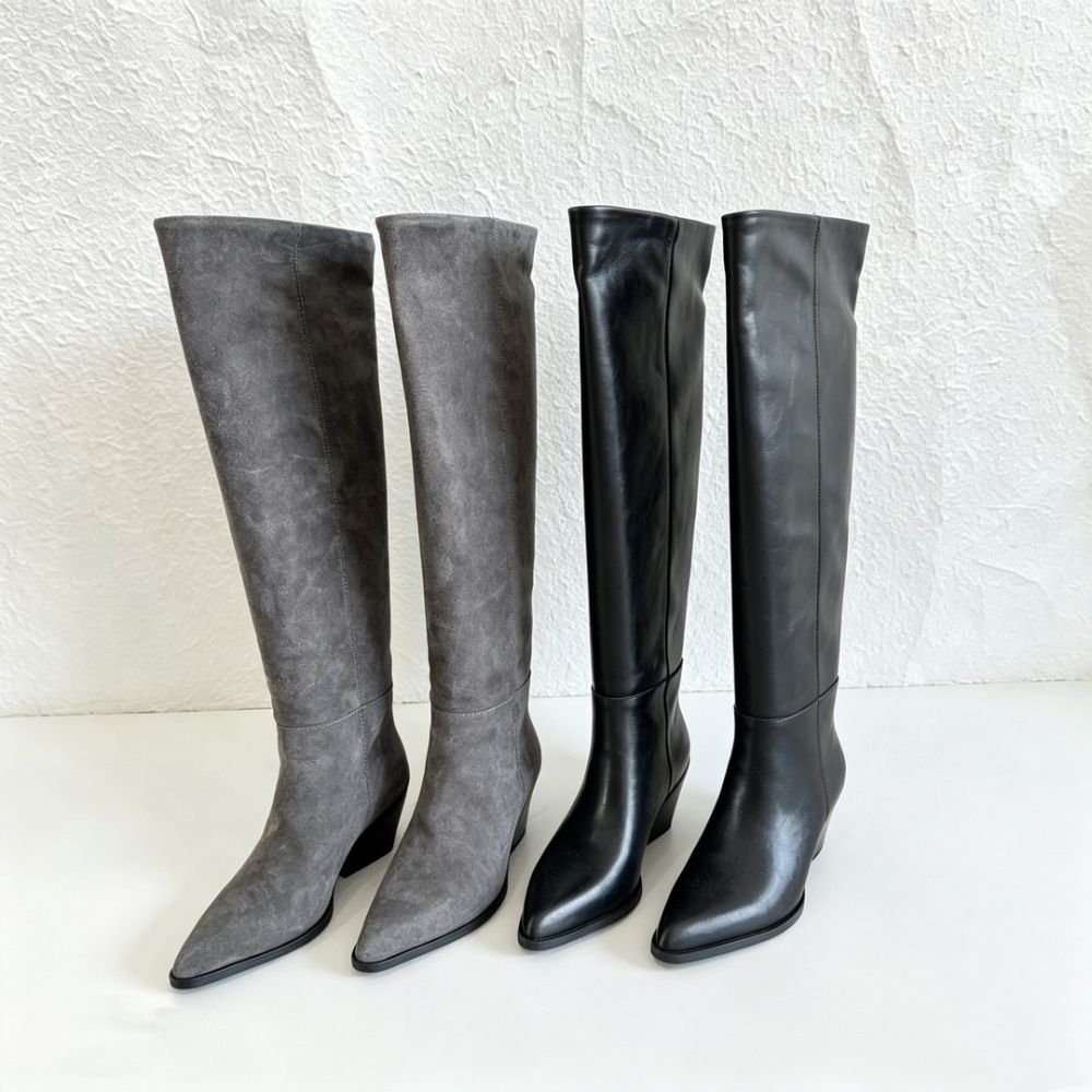 Elegant Versatile Slim-Look Straight Long Knight Boots, Chunky Heel Height-Increasing Tall Boots, Minimalist Pointed-Toe Soft Leather Autumn Winter Fashion Boots for Women