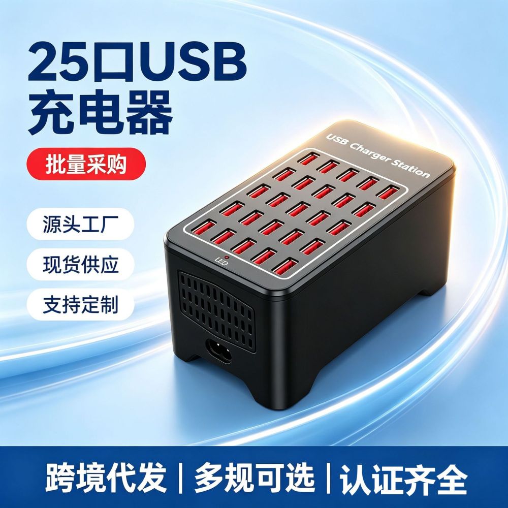 USB-Ladegerät mit 25 Anschlüssen für grenzüberschreitenden Handel, Multi-Port Schnellladestation, intelligentes Multifunktions-Desktop-Ladegerät mit mehreren Steckplätzen für Smartphones und Tablets