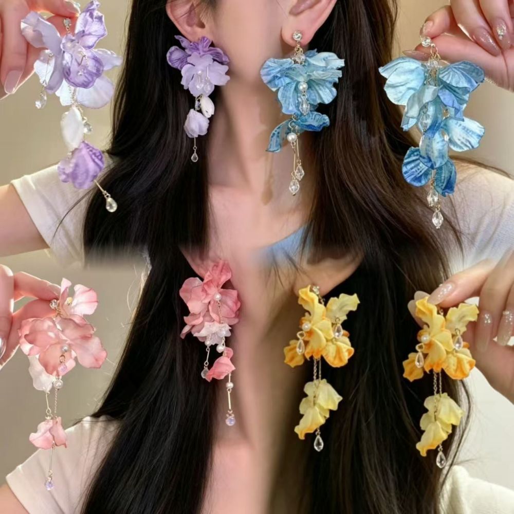 Fabric flower earrings, spring summer style, lightweight luxury