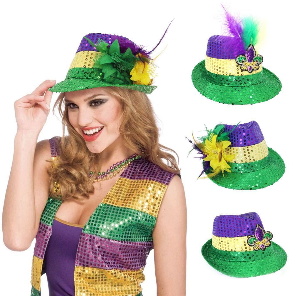 Brasilianischer Karneval Glitzerhut in Gold, Lila und Grün