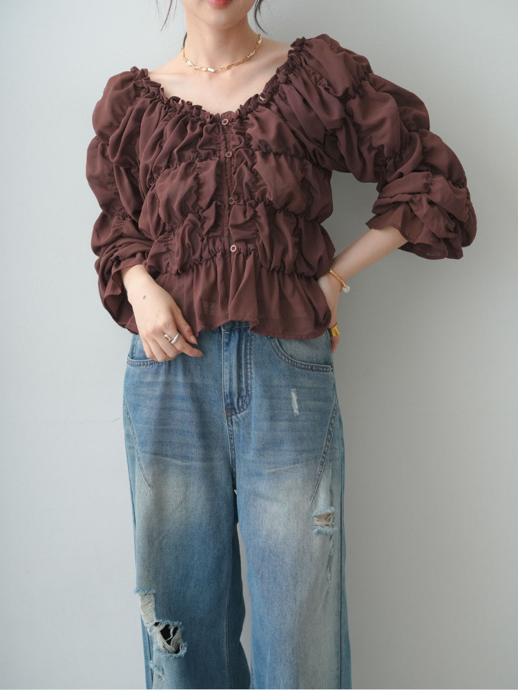 Women's flared sleeve pleated long sleeve chiffon blouse - 1