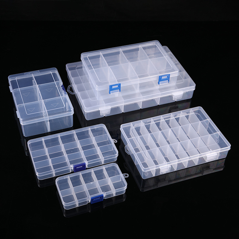 Unterteilte Kunststoff-Schreibtischaufbewahrungsbox 10 15 24 Fächer transparent mit Knöpfen Angelköder-Zubehör Schmuck Kosmetik Verpackungsbox