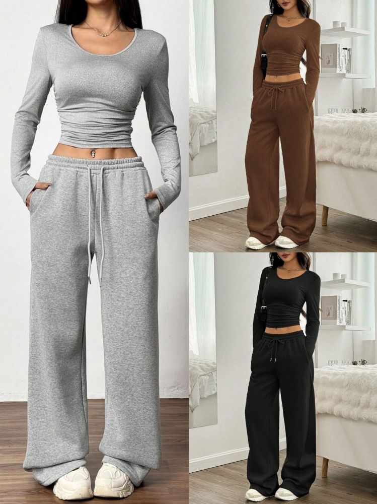 Women's Long-Sleeve Two-Piece Set with Wide-Leg Pants, Autumn Winter