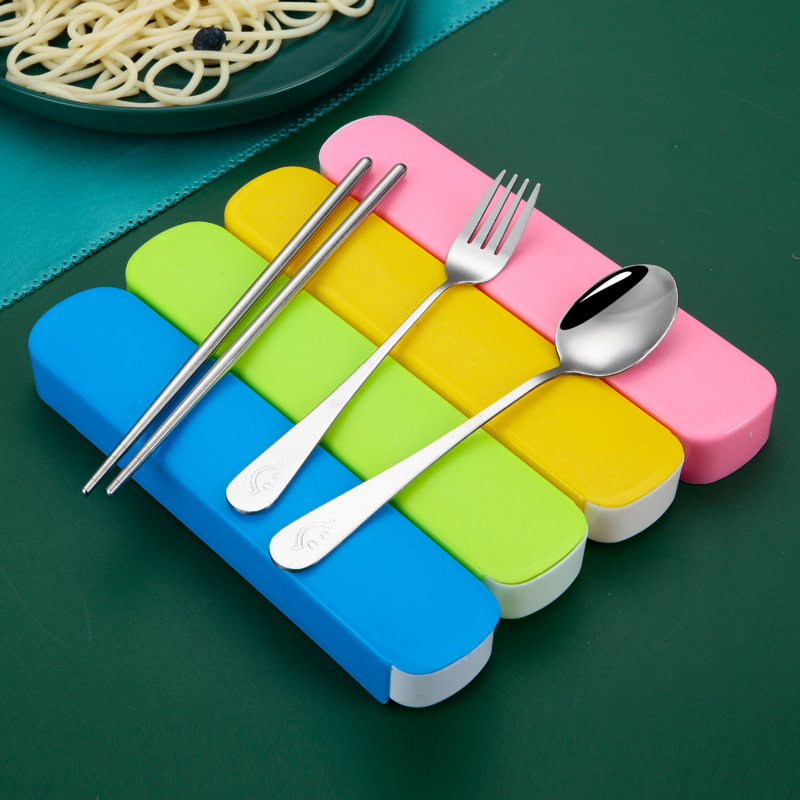 Besteckset, komplettes Set aus Edelstahl-Löffel und Essstäbchen, tragbares Besteckset, Essstäbchen und Löffel, dreiteiliges Messer- und Gabelset - 2