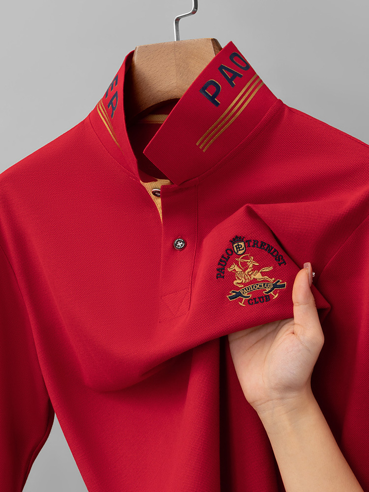 Men's Long Sleeve Polo Shirt, Chinese Red, Embroidered Horse Logo