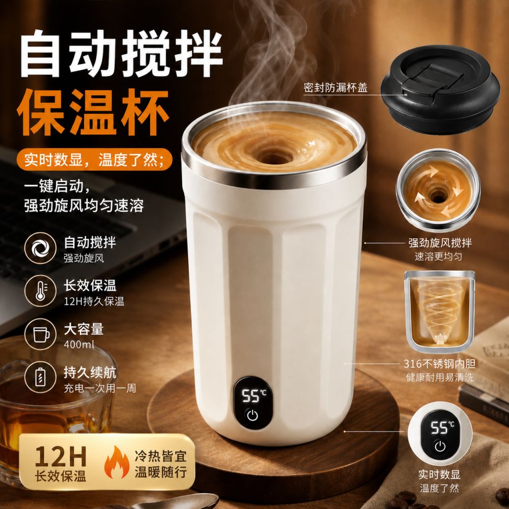 316 Stainless Steel Magnetic Automatic Stirring Cup, Rechargeable, Digital Display