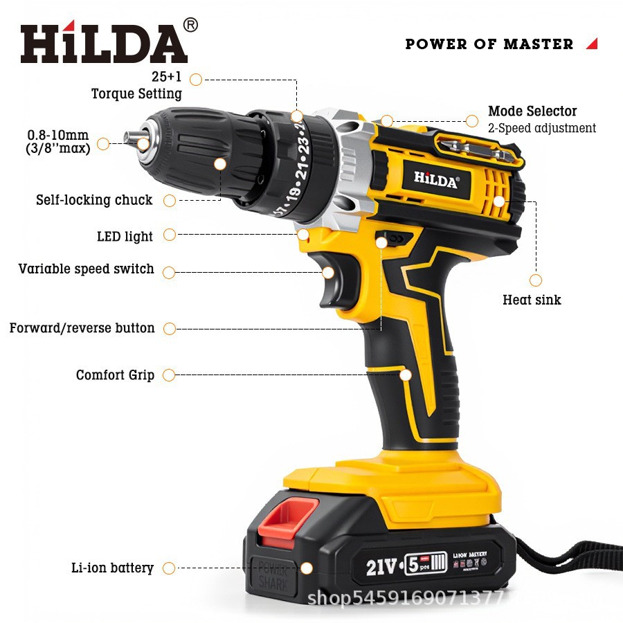21V cordless impact drill, dual speed, rechargeable, drill set