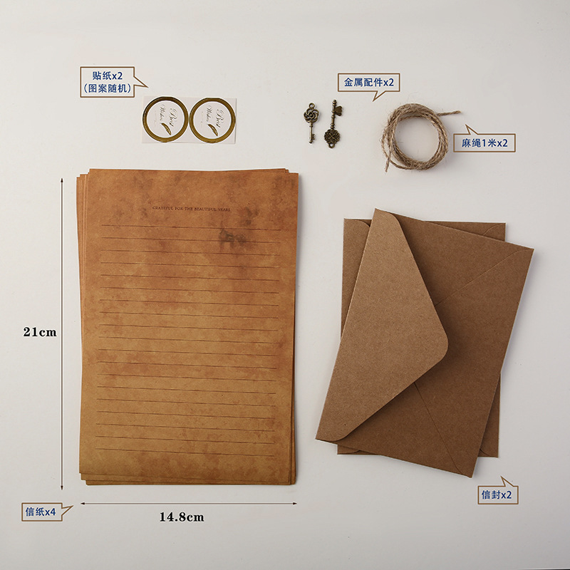 Briefpapier-Set mit Umschlägen aus Schafsleder im Retro-Stil, handgeschrieben, antik nachgeahmt, gealtert, mit Siegelwachs-Prägung, Geburtstags-Liebesbrief, A5-Briefbogen