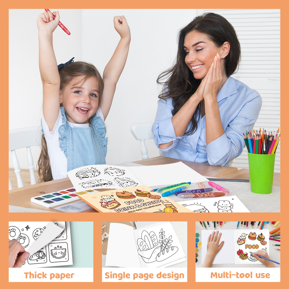 Neues grenzüberschreitendes Malbuch für Kinder von 3-6 Jahren, lustiges Kritzel-Ausmalbuch, Cartoon-Lebensmittel und Getränke, Zeichen- und Malbuch