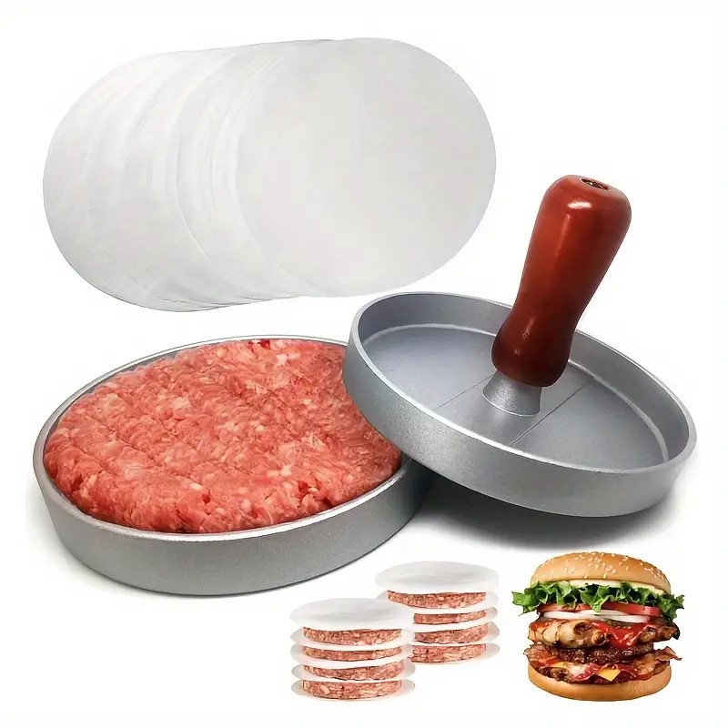 Sınır ötesi alüminyum ahşap saplı hamburger kıyma pres makinesi kıyma plakası yuvarlak köfte kalıbı mutfak hamburger kıyma presi