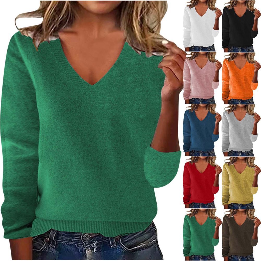Damen-Pullover, einfarbig, V-Ausschnitt, lockere Passform, Herbst/Winter