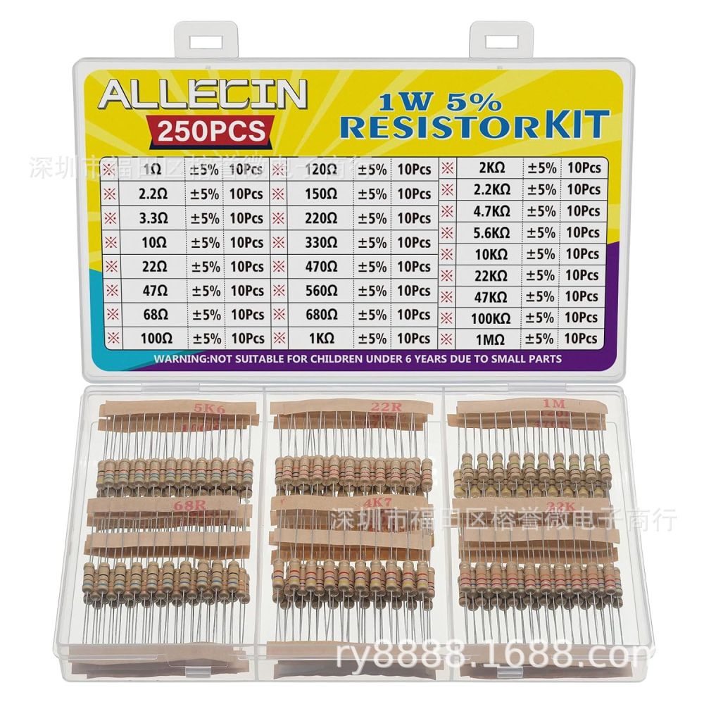 250pcs Carbon Film Resistor Kit, 25 Values, 1/4W 1/2W 1W, 5% Tolerance