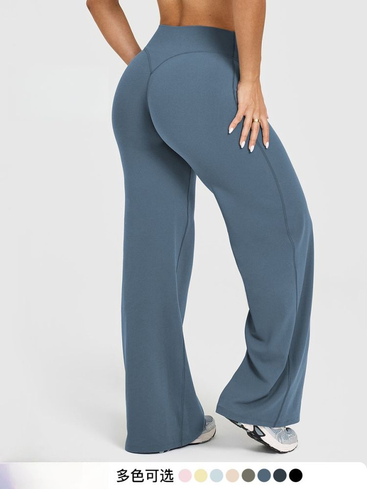 Yüksek belli spor geniş paçalı pantolon, dikiş izi yok, yüksek esneklik, kadın