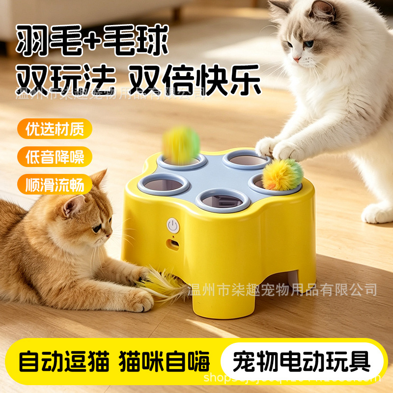 Electric Whack-a-Mole Cat Toy with Feather Teaser for Kittens