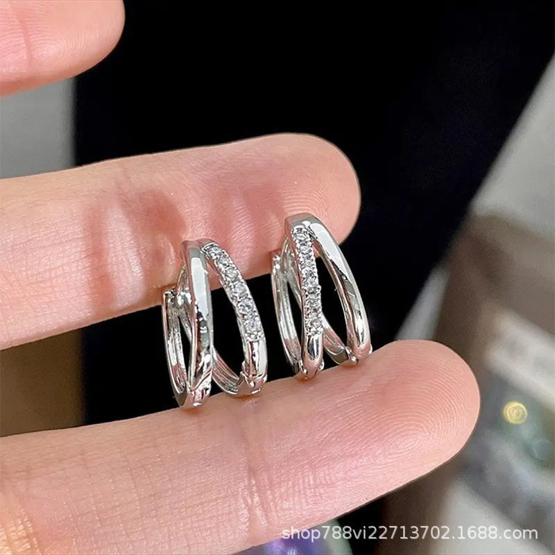 Gümüş kulak klipsi rhinestone, çift katman halka, pirinç