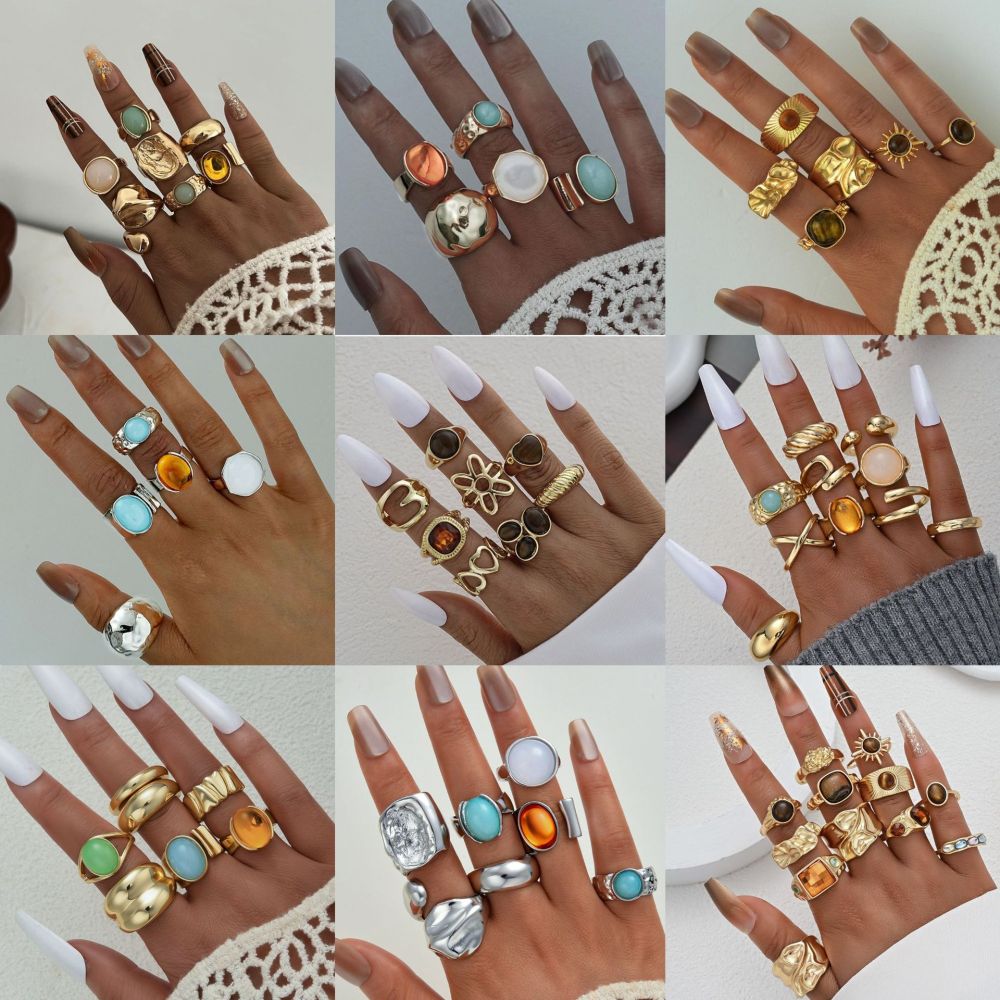 Hanzhi Shang Cross-Border Best-Seller European and American Vintage Bohemian Style Stackable Ring Set Women's Niche Design Rings