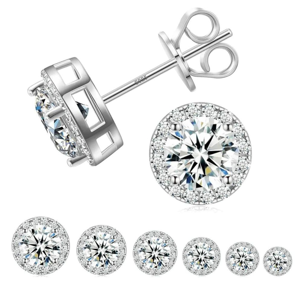 18K Gold Plated Halo Stud Earrings with Lab-Created Moissanite, S925 Silver