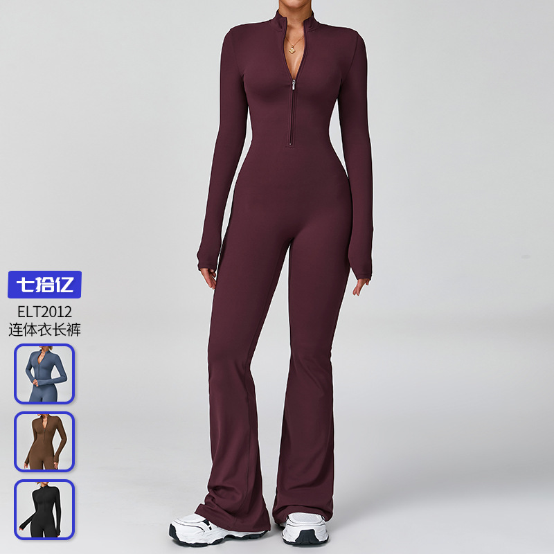 Zipper Long-Sleeve Yoga Jumpsuit, High-Intensity Fitness One-Piece Fitted Bodysuit