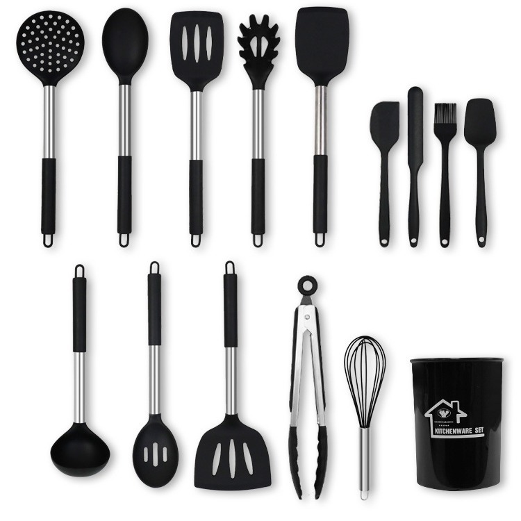Silikon spatula ve kaşık 15 parçalı set paslanmaz çelik silikon spatula yapışmaz tava silikon spatula ev silikon mutfak eşyaları toptan - 6