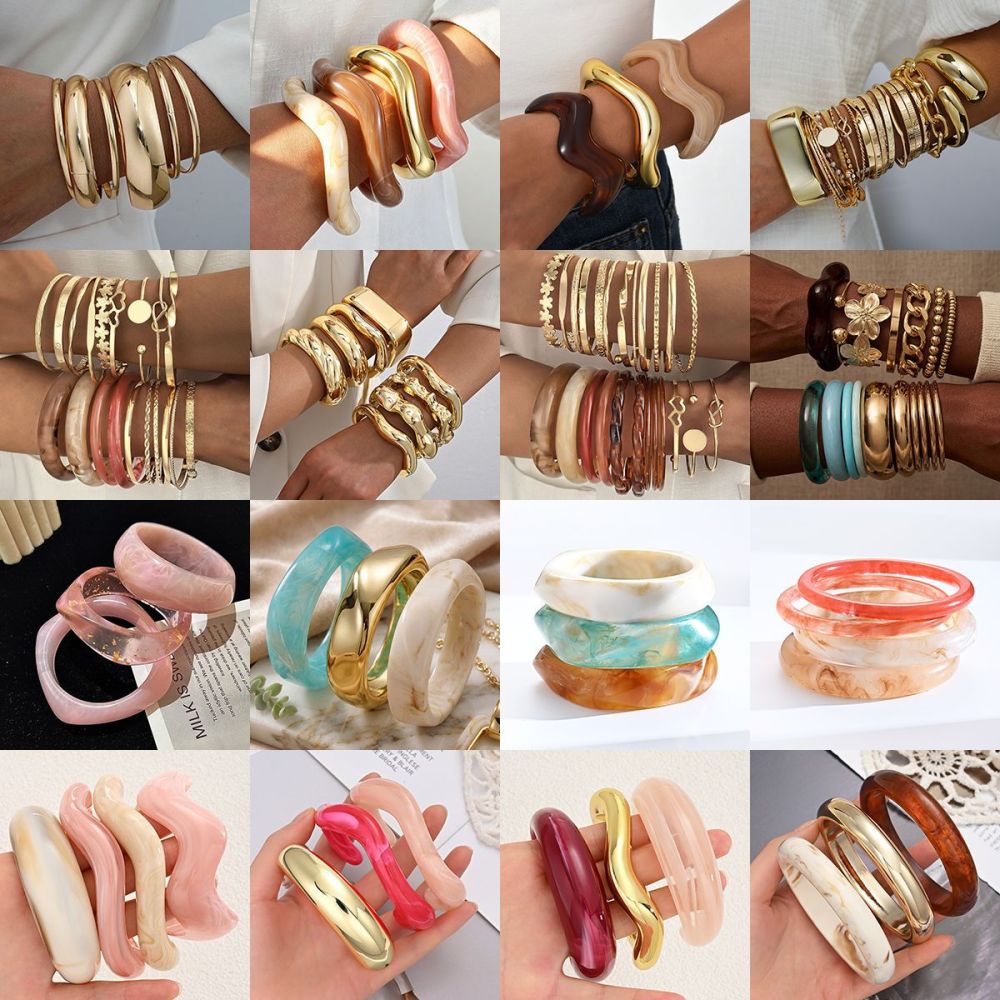 Colorful Geometric Resin Bracelet Set for Women - 1