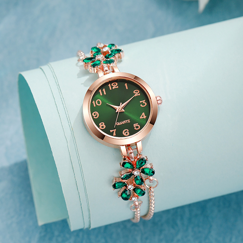 Floral rhinestone women's watch pull-string bracelet - 1