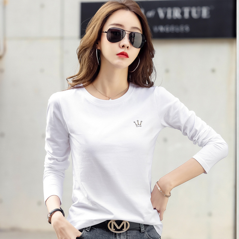 Kadın Pamuklu Uzun Kollu Nakışlı T-Shirt Sonbahar Kış Düz Renk
