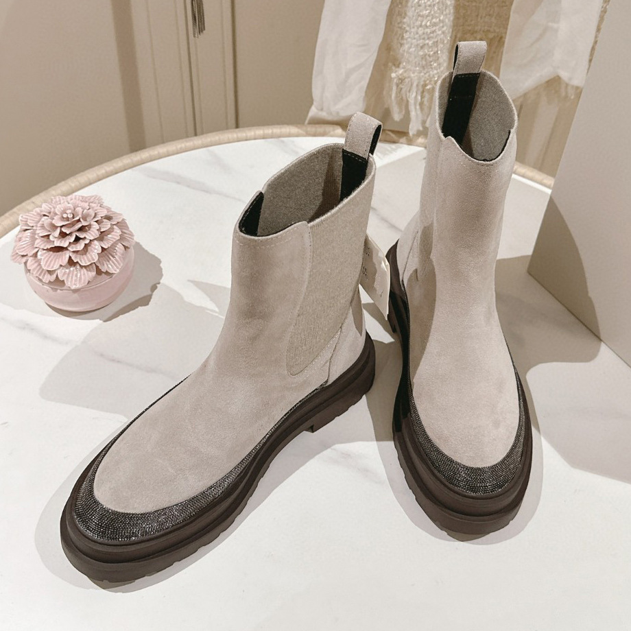 Europäische und amerikanische Mode BC Damen-Stiefel ohne Schnürung, echte Leder-Chelsea-Stiefeletten für Herbst und Winter, bequeme Stiefeletten mit Schaft