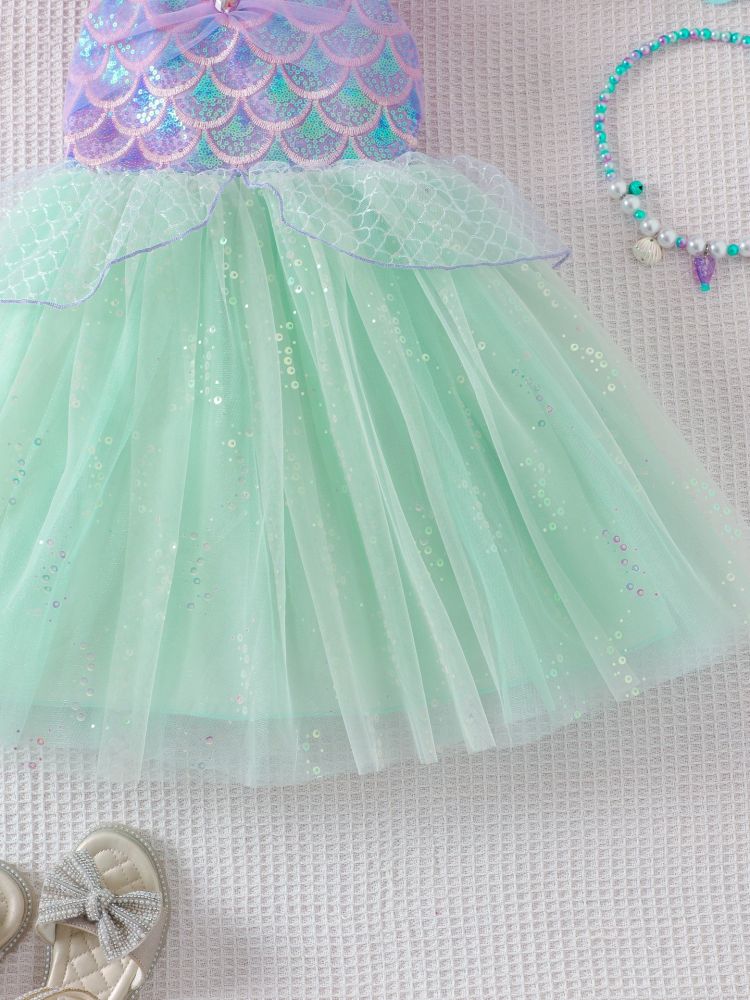Girls Cross-Border Summer Best-Selling Flying Sleeve Suspender Mesh Dress, Sparkling Sequin Mermaid Princess Dress for Kids
