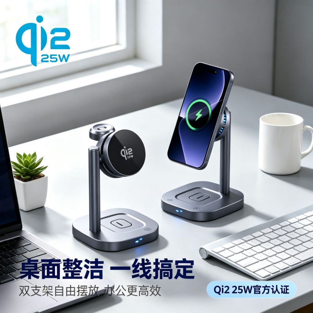 Qi2.2半导体制冷25W桌面磁吸无线充电器适用苹果三星三合一无线充
