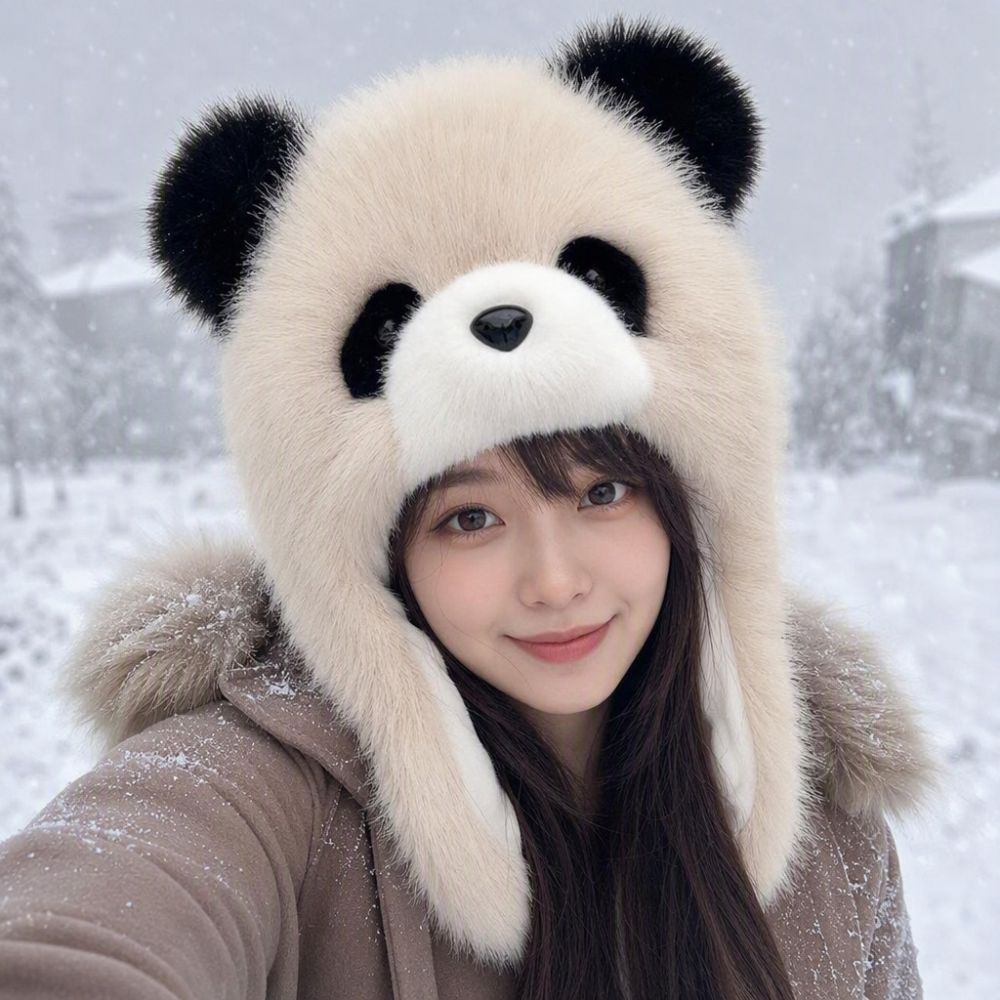 Kadın panda bere ve atkı 2'li set, kış, polar astarlı, rüzgar geçirmez - 1