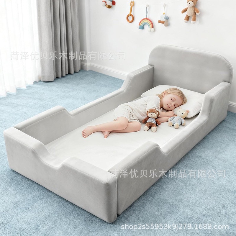 Solid Wood Baby Bed with Guardrail, Stitchable Design