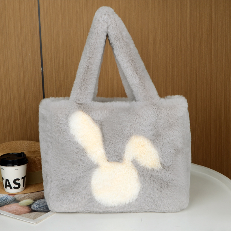 Cross-border soft cute big-eared rabbit plush bag for women, autumn and winter large capacity portable shoulder bag, fashion tote plush bag