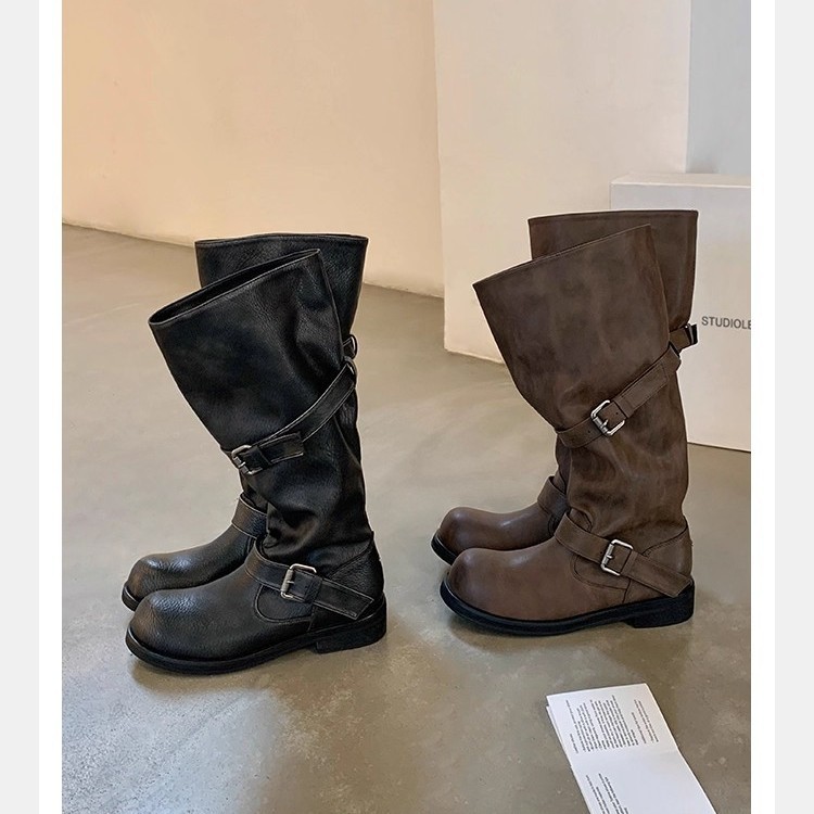 Neue Damen-Winterstiefel aus echtem Leder in Rindsleder-Optik, Ritterstiefel mit weitem, breitem Schaft, runder Schaftkante, klobigem Absatz und dicker Sohle, mittelhohe Schaftlänge