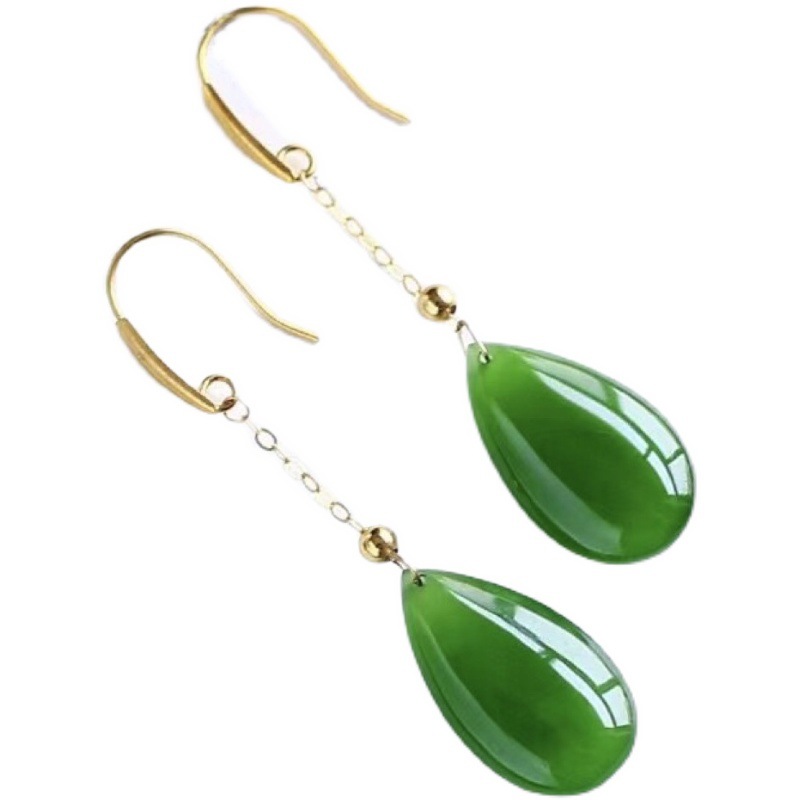 Hetian-Jade-Wassertropfen-Ohrringe 18K Gold eingelegt Damen