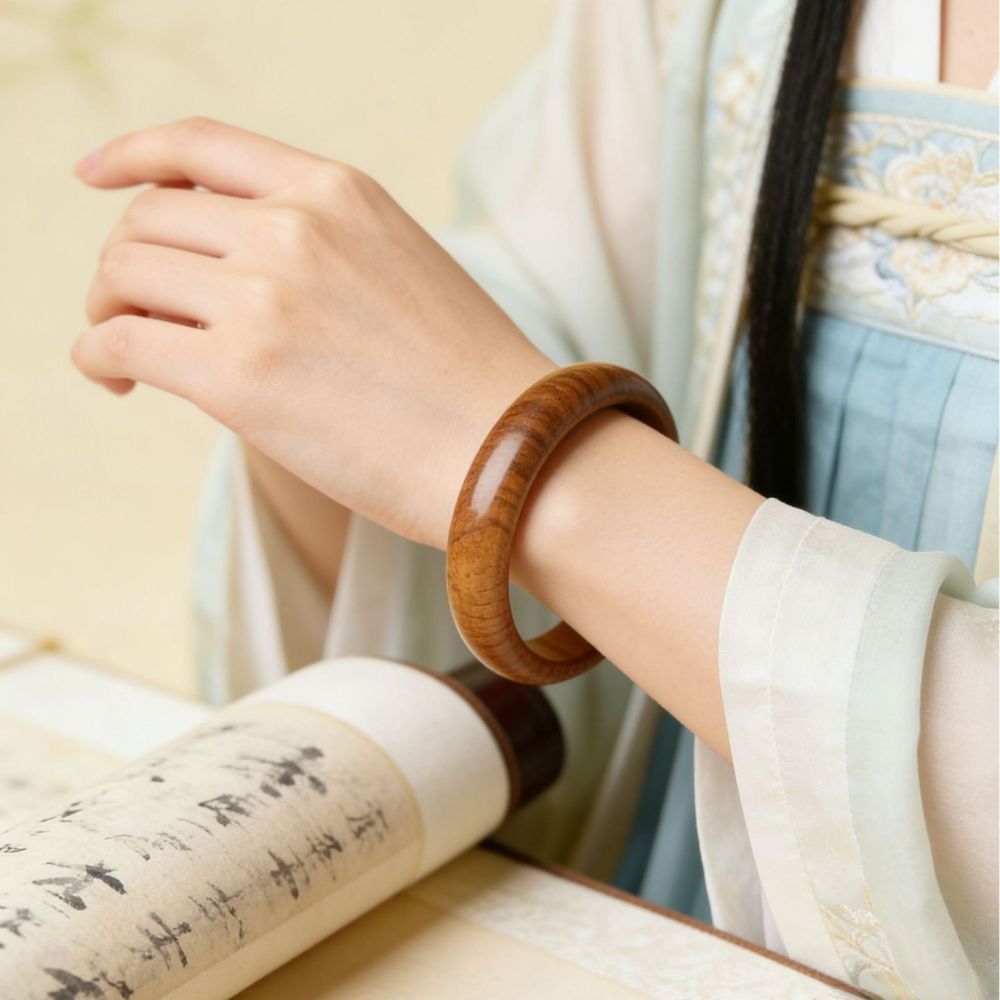 Natural aged peach wood bracelet, wide bangle