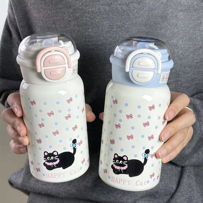 Cat Design 316 Stainless Steel Insulated Tumbler Children's Straw Double-Drink Bottle