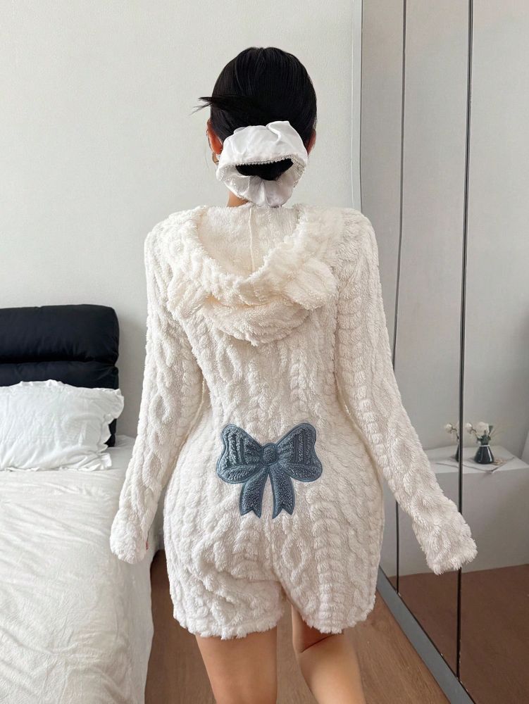 Women's Hooded Long Sleeve Plush Jumpsuit with Bow Pattern