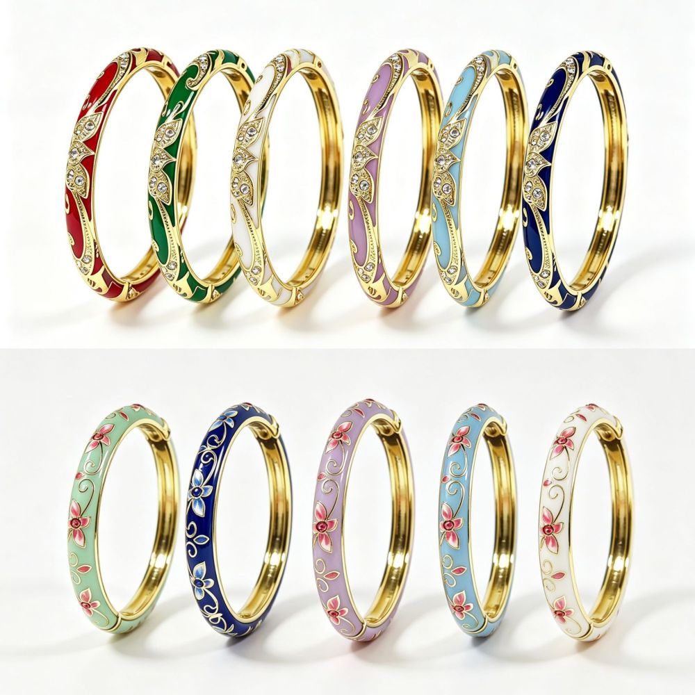 Enamel flower women's bracelet, open design - 1