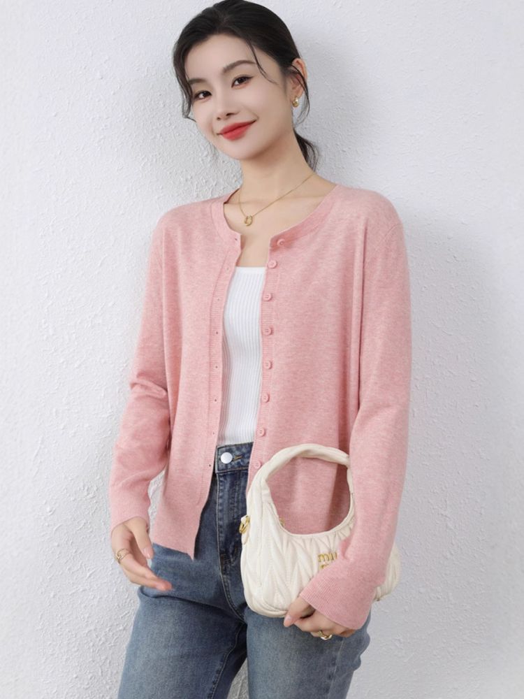 Leichte Strickjacke mit Rundhals, Mischgewebe, Damen-Herbst-Winter-Pullover