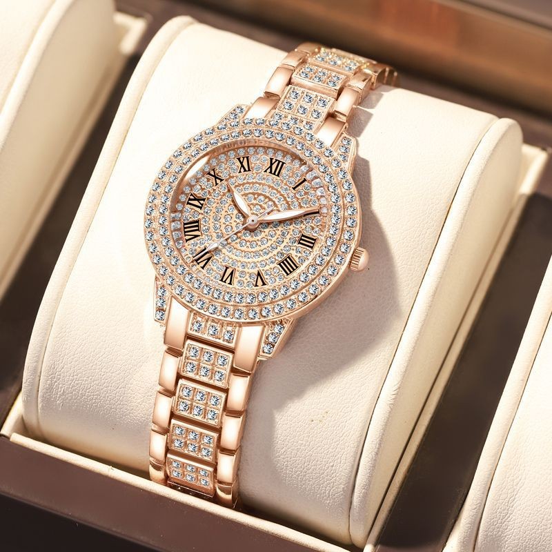 Women's diamond-studded quartz watch with Roman numerals and bracelet design
