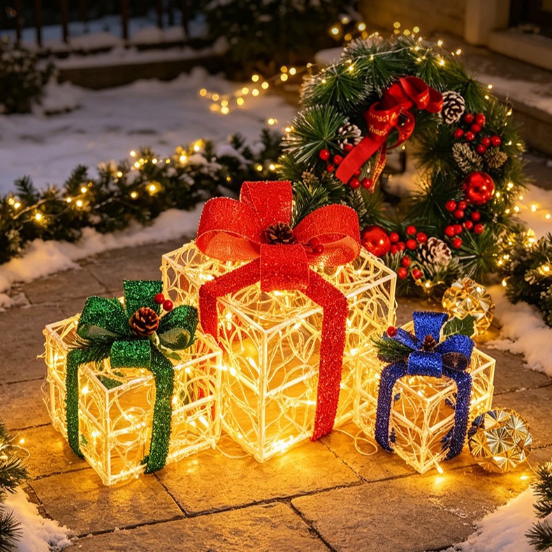 LED Christmas Foldable Acrylic Gift Box Set, 3-Piece Light-Up