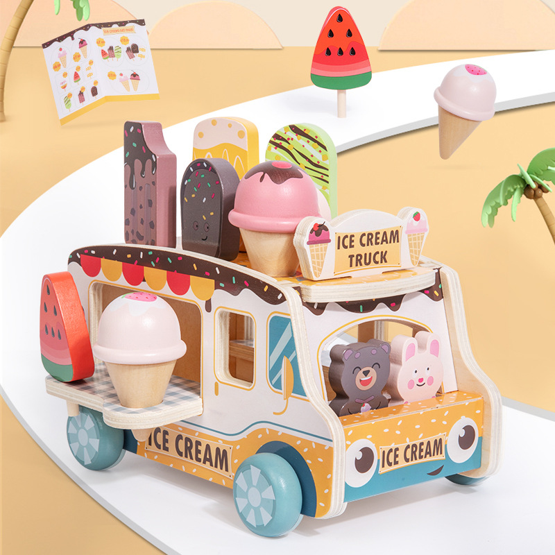 Cross-border Children's Simulated Ice Cream Pretend Play Shop Vending Cart Popsicle Ice Cream Kitchen Trolley Wooden Toy
