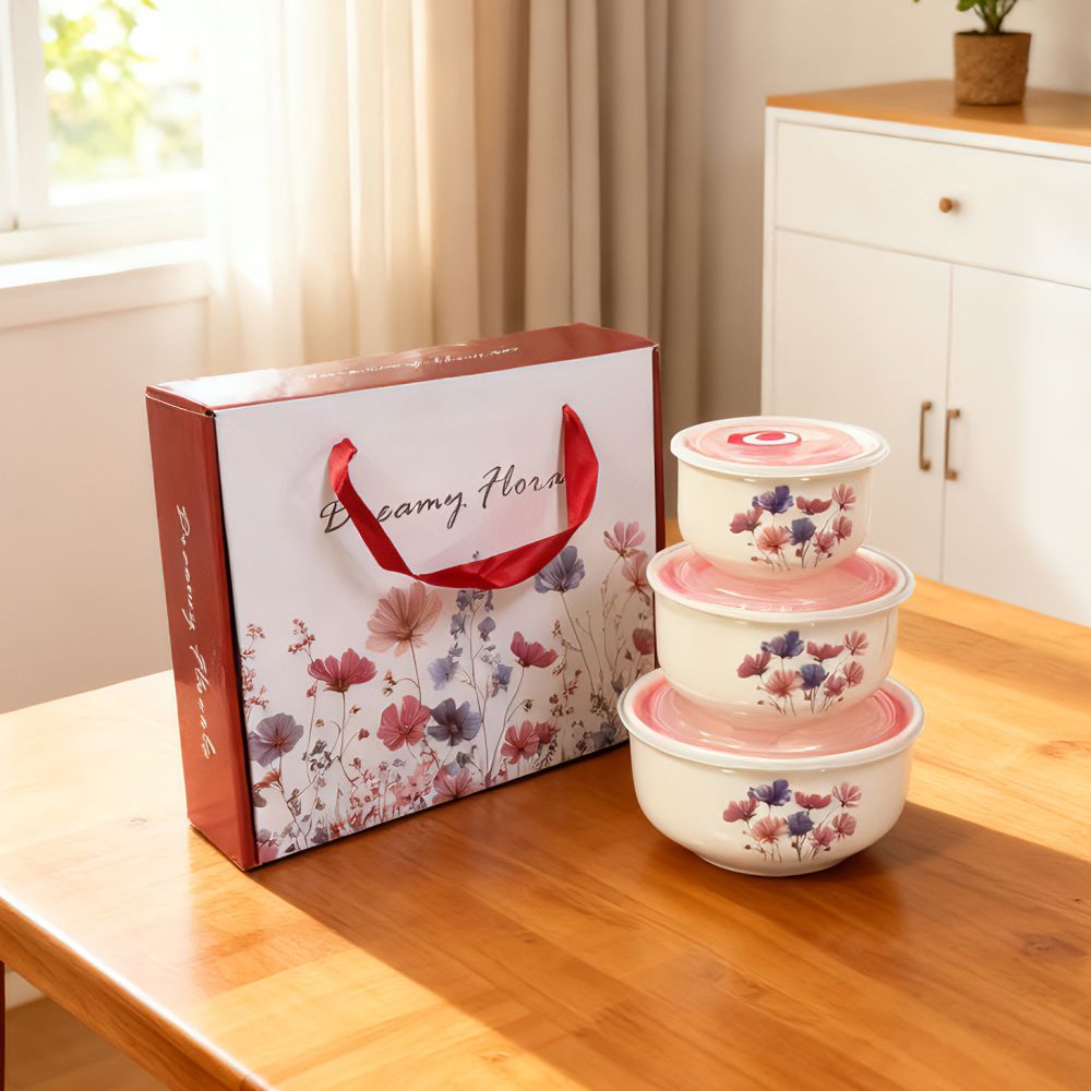 Keramik-Frischhalteschüssel dreiteiliges Set, verschlossene Schüssel, Geschenkschalensatz, Geschenkbox, Hochzeitsverkäufe, Großhandel mit LOGO-Druck - 9
