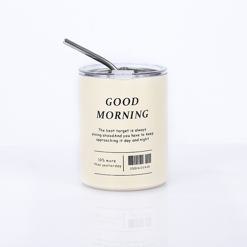 Doppelwandige Edelstahl-Isolierbecher mit Mattfinish für Americano-Kaffee, vakuumisolierter Latte-Reisebecher mit Strohhalm, flaches Doppelwand-Glas, Büro-Thermosbecher - 7