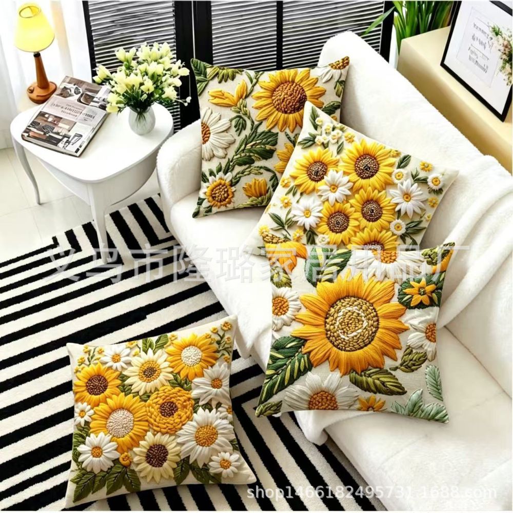 Grenzüberschreitender Frühlings- und Sommersonnenblumen-Kissenbezug mit Steppung, Sofa-Sonnenblumen-Dekokissen, neues Wohnzimmer-Plüsch-Kissen, Sonne - 1