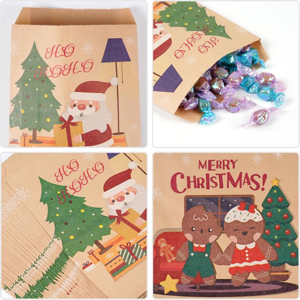 Noel Kraft Kağıt Çanta Noel Baba ve Noel Ağacı Desenli